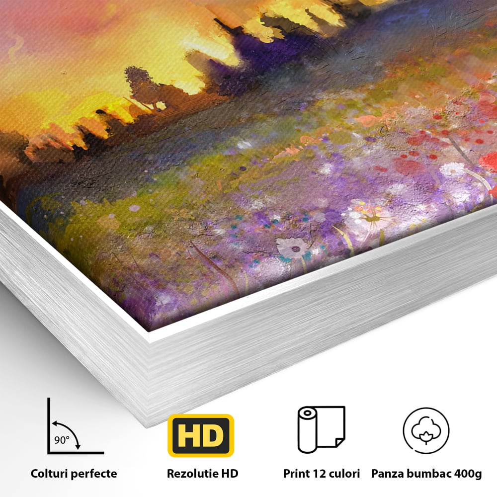 Detaliu al suprafetei: tablou canvas cu camp cu flori si apus, in rama de aluminiu argintiu
