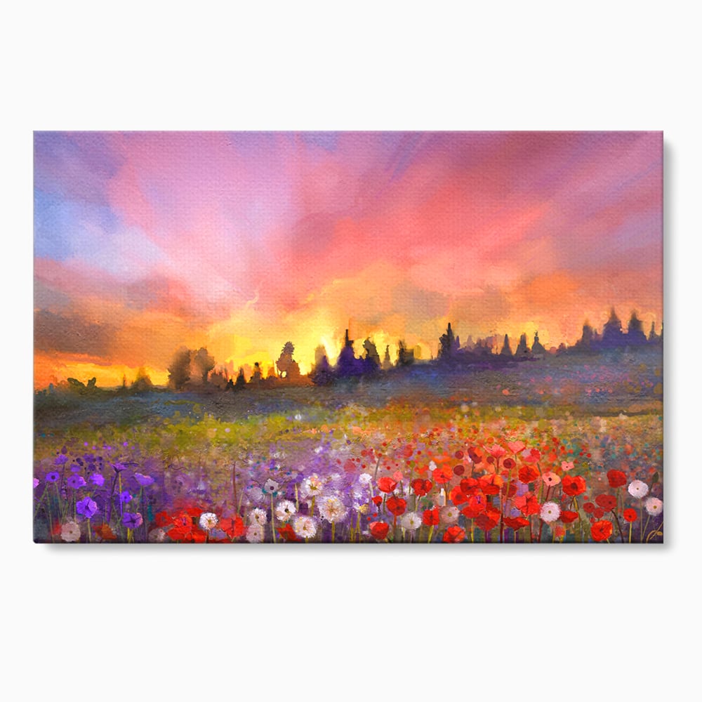 Tablou canvas cu tablou canvas cu camp cu flori si apus, fara rama, pe sasiu de lemn