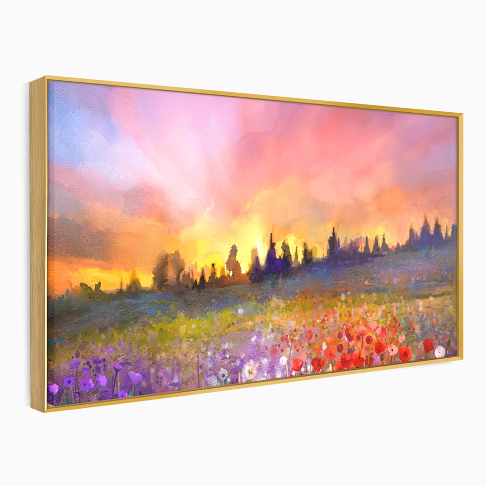 Tablou canvas cu tablou canvas cu camp cu flori si apus, in rama de aluminiu auriu
