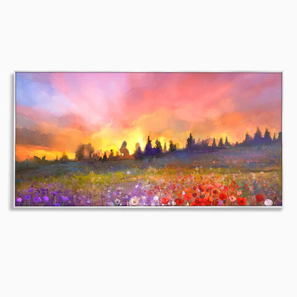 Tablou canvas cu tablou canvas cu camp cu flori si apus, in rama de aluminiu argintiu