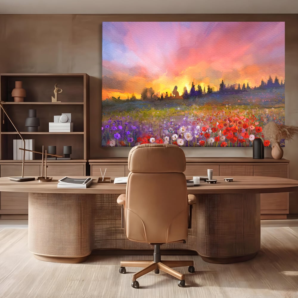 Tablou canvas cu tablou canvas cu camp cu flori si apus, fara rama, pe sasiu de lemn, pe perete intr-un birou