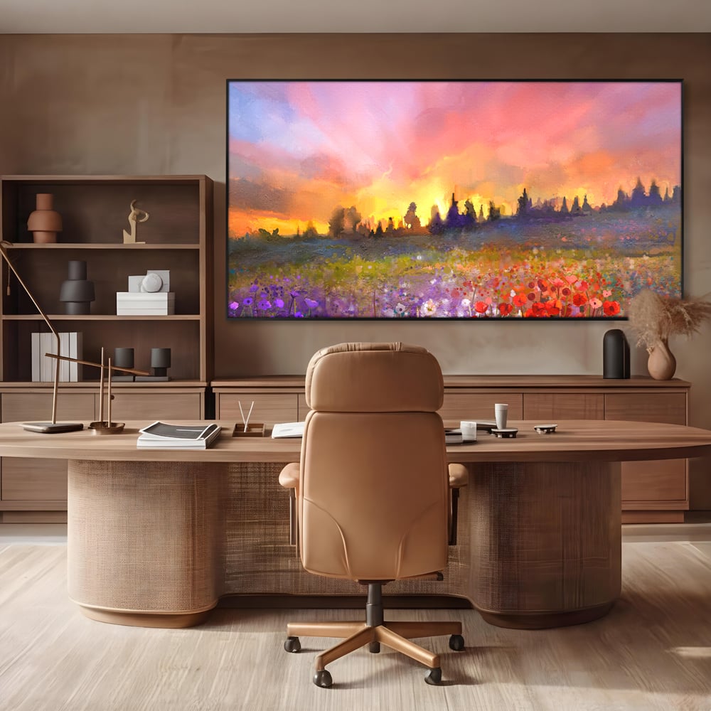 Tablou canvas cu tablou canvas cu camp cu flori si apus, in rama de aluminiu negru, pe perete intr-un birou