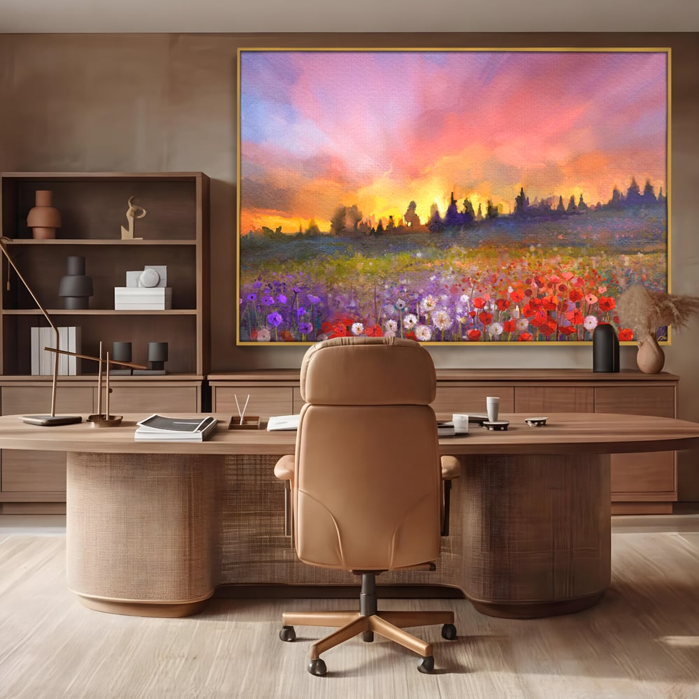 Tablou canvas cu tablou canvas cu camp cu flori si apus, in rama de aluminiu auriu, pe perete intr-un birou