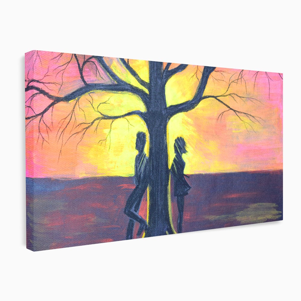 Tablou canvas cu pictura cuplu sub copac la apus, fara rama, pe sasiu de lemn