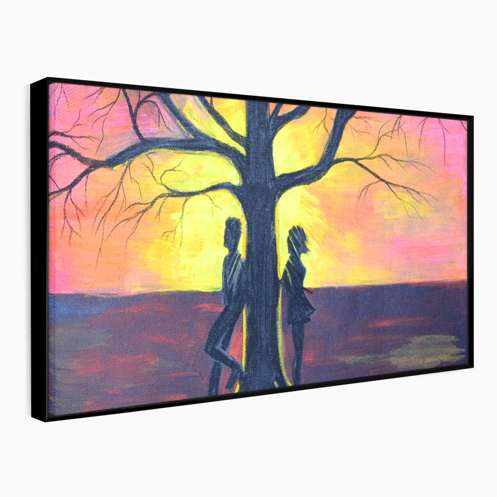 Tablou canvas cu pictura cuplu sub copac la apus, in rama de aluminiu negru