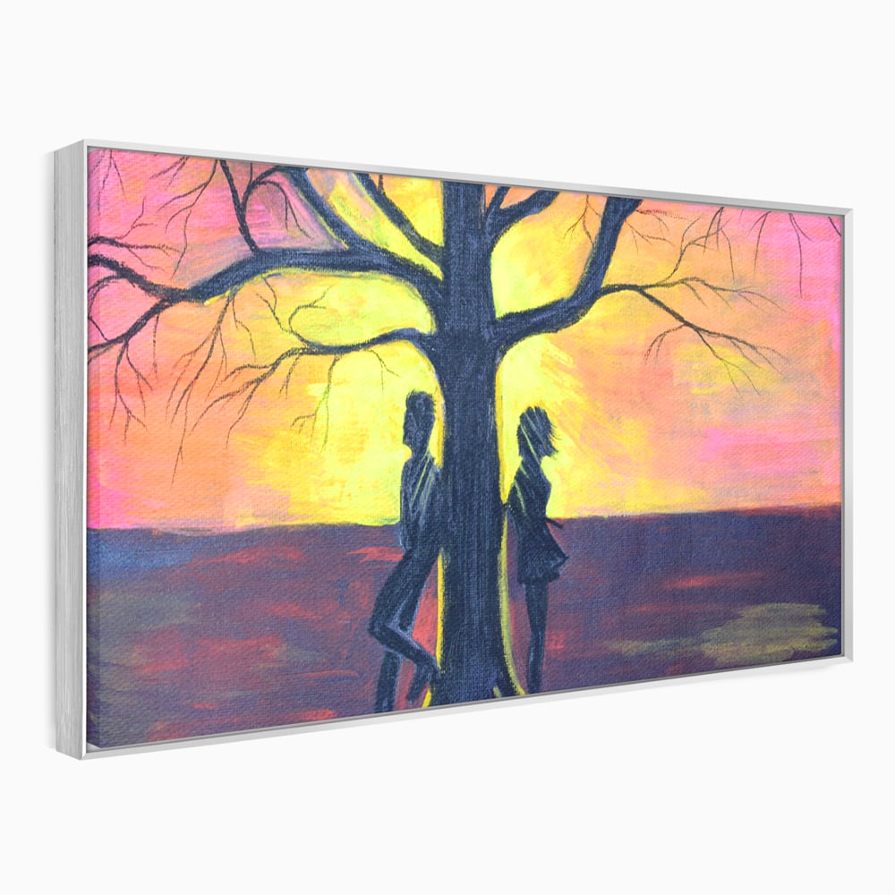 Tablou canvas cu pictura cuplu sub copac la apus, in rama de aluminiu argintiu