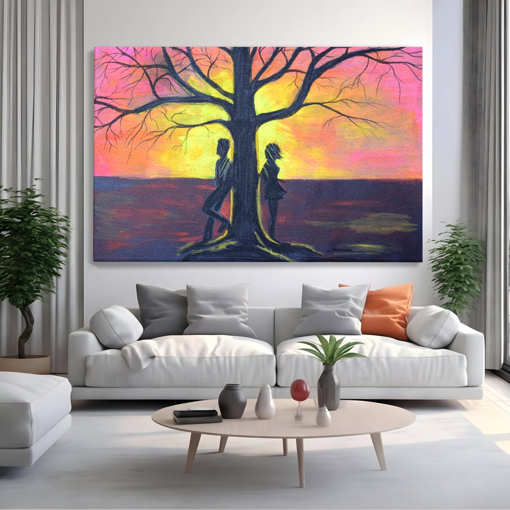 Tablou canvas cu pictura cuplu sub copac la apus, fara rama, pe sasiu de lemn, pe perete intr-un living