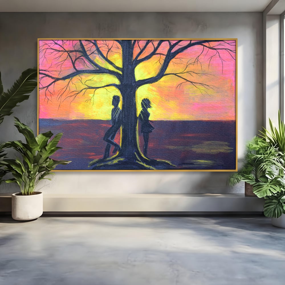 Tablou canvas cu pictura cuplu sub copac la apus, in rama de aluminiu auriu