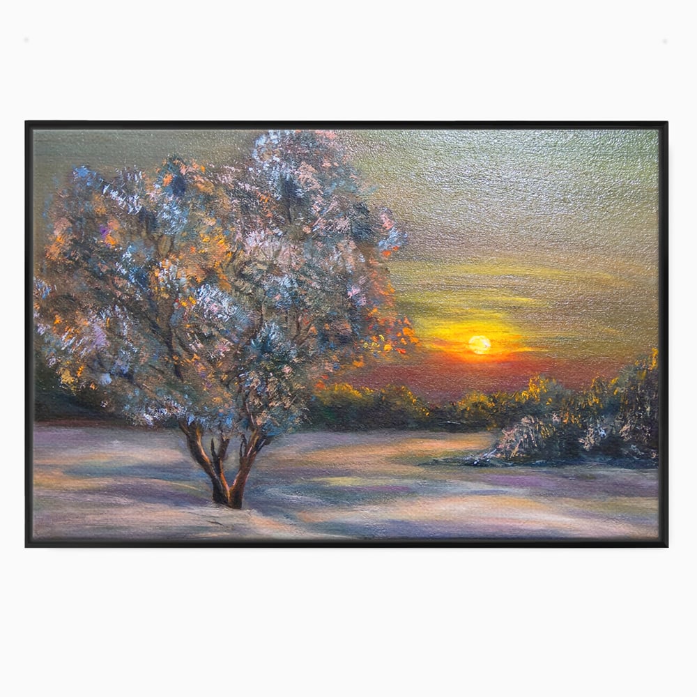 Tablou canvas cu pictura peisaj cu copac si apus, in rama de aluminiu negru