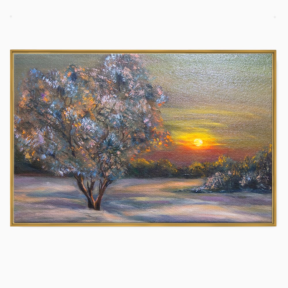 Tablou canvas cu pictura peisaj cu copac si apus, in rama de aluminiu auriu