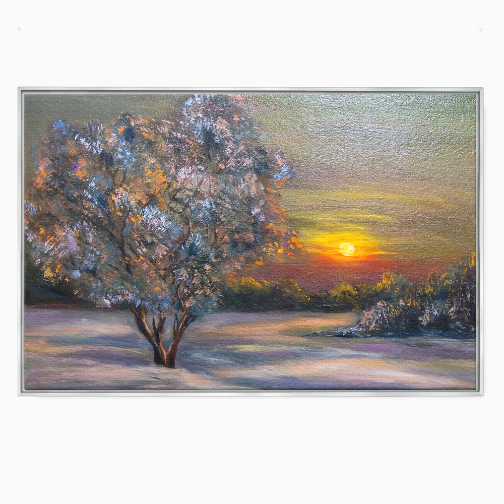 Tablou canvas cu pictura peisaj cu copac si apus, in rama de aluminiu argintiu