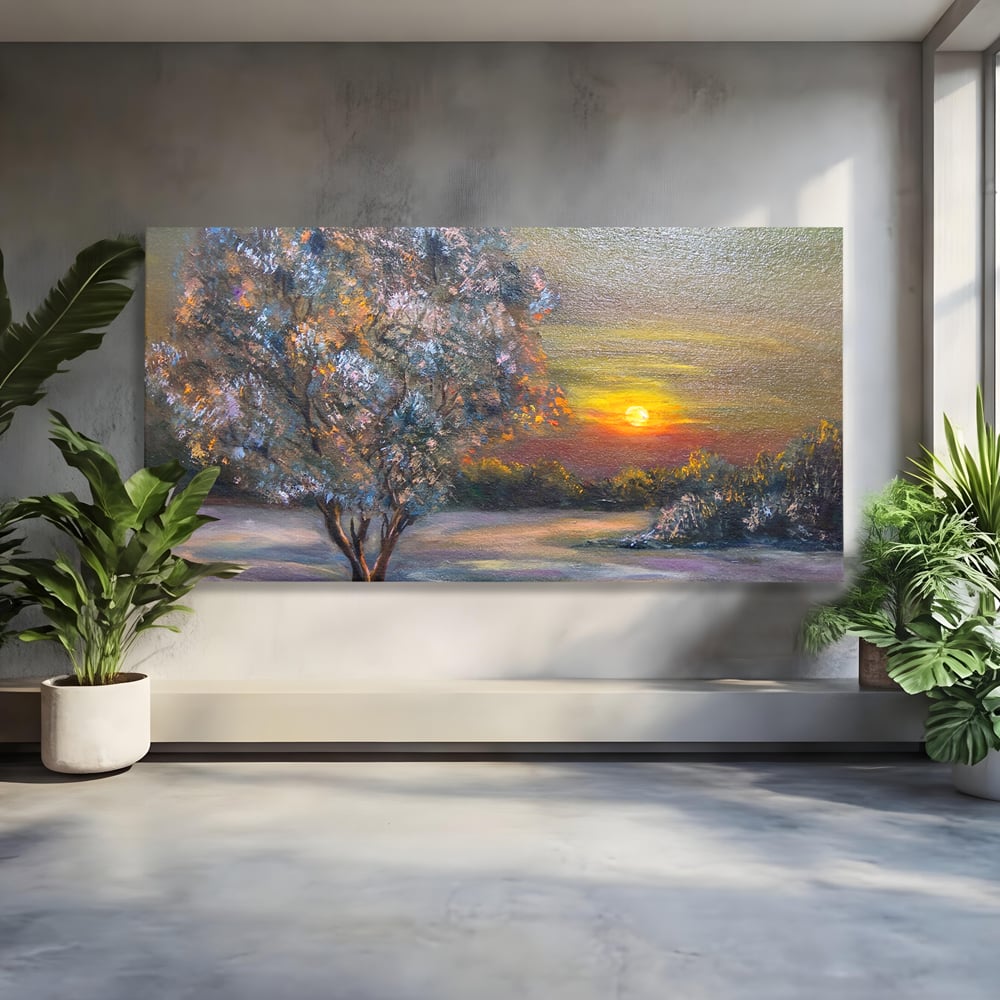 Tablou canvas cu pictura peisaj cu copac si apus, fara rama, pe sasiu de lemn