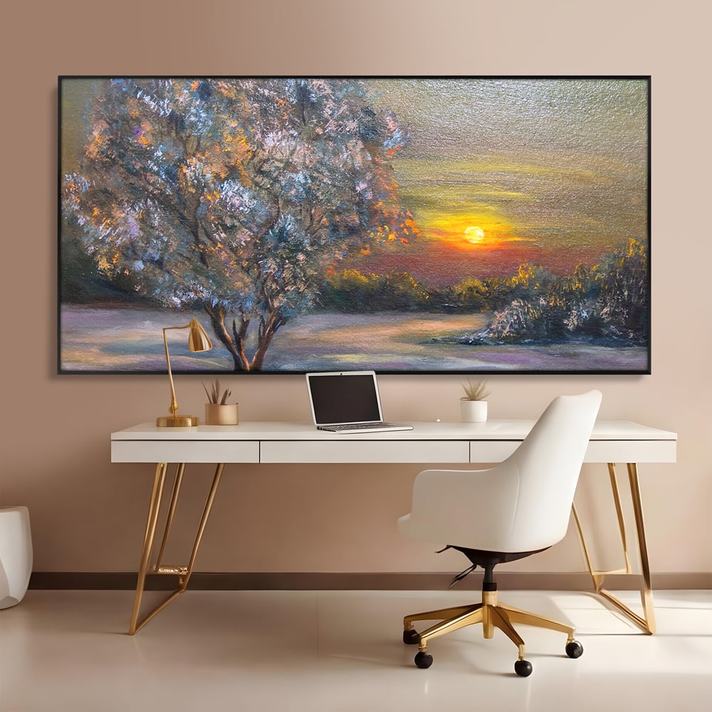 Tablou canvas cu pictura peisaj cu copac si apus, in rama de aluminiu negru, pe perete intr-un birou