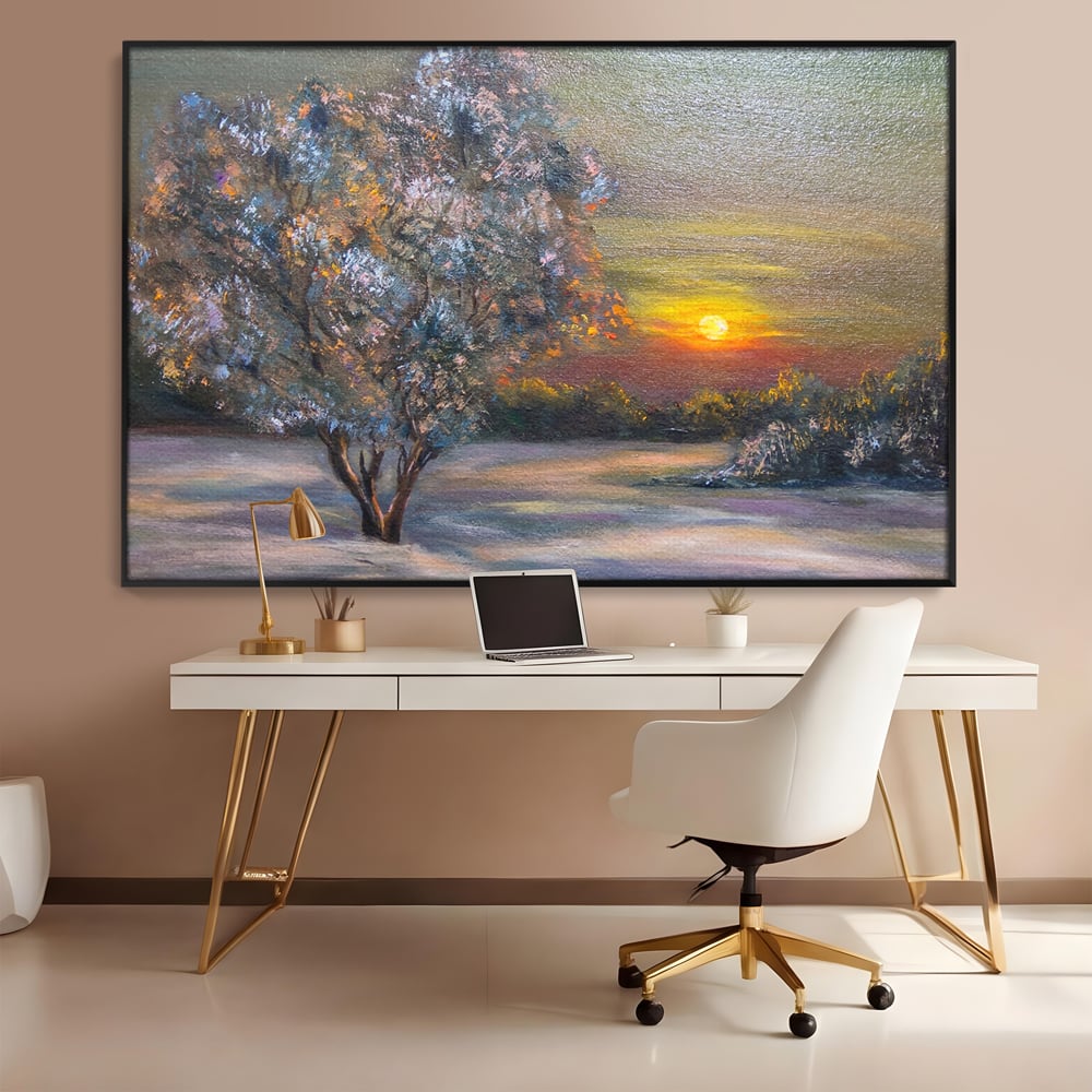 Tablou canvas cu pictura peisaj cu copac si apus, in rama de aluminiu negru, pe perete intr-un birou