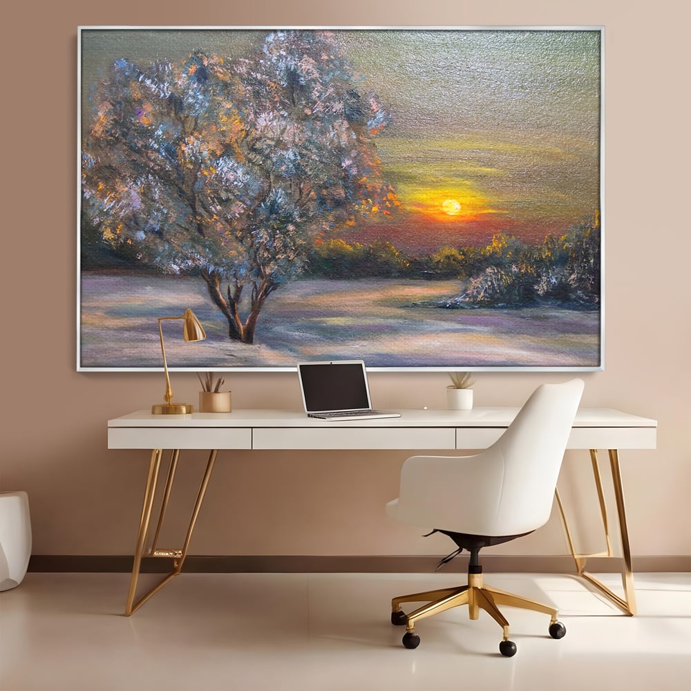 Tablou canvas cu pictura peisaj cu copac si apus, in rama de aluminiu argintiu, pe perete intr-un birou