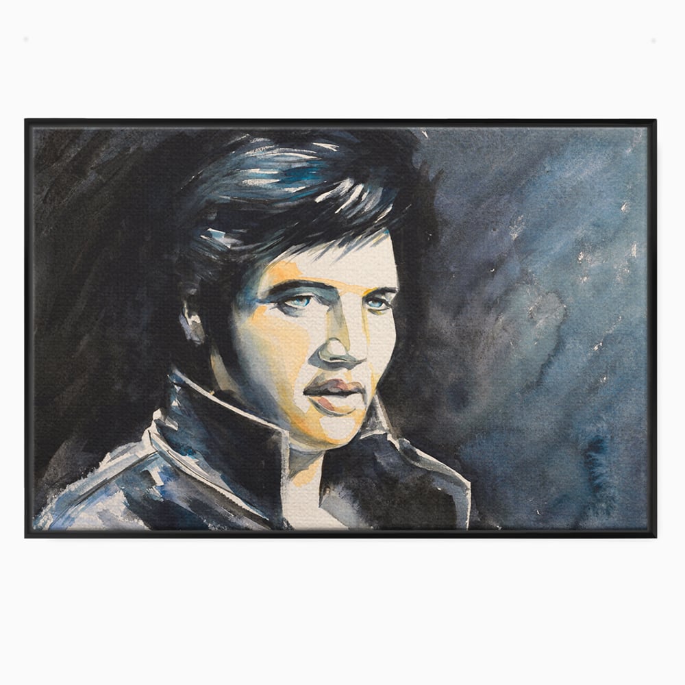 Tablou canvas cu pictura cu portretul lui elvis presley, in rama de aluminiu negru
