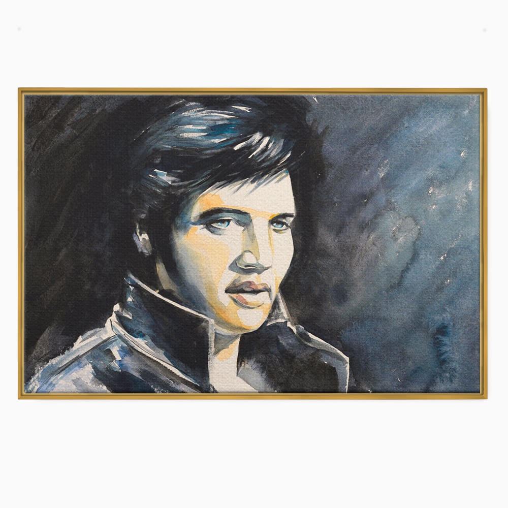 Tablou canvas cu pictura cu portretul lui elvis presley, in rama de aluminiu auriu
