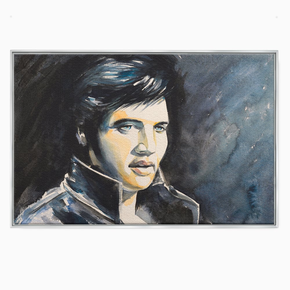 Tablou canvas cu pictura cu portretul lui elvis presley, in rama de aluminiu argintiu