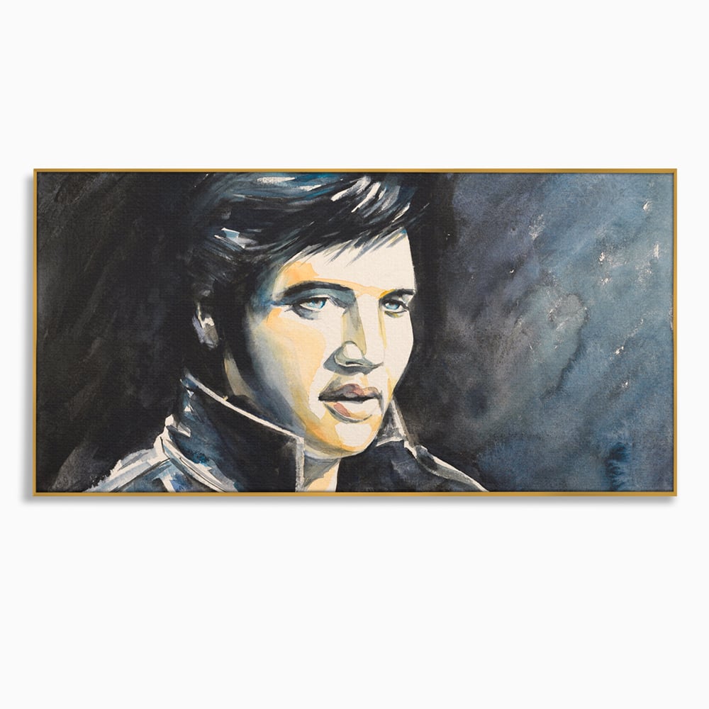 Tablou canvas cu pictura cu portretul lui elvis presley, in rama de aluminiu auriu
