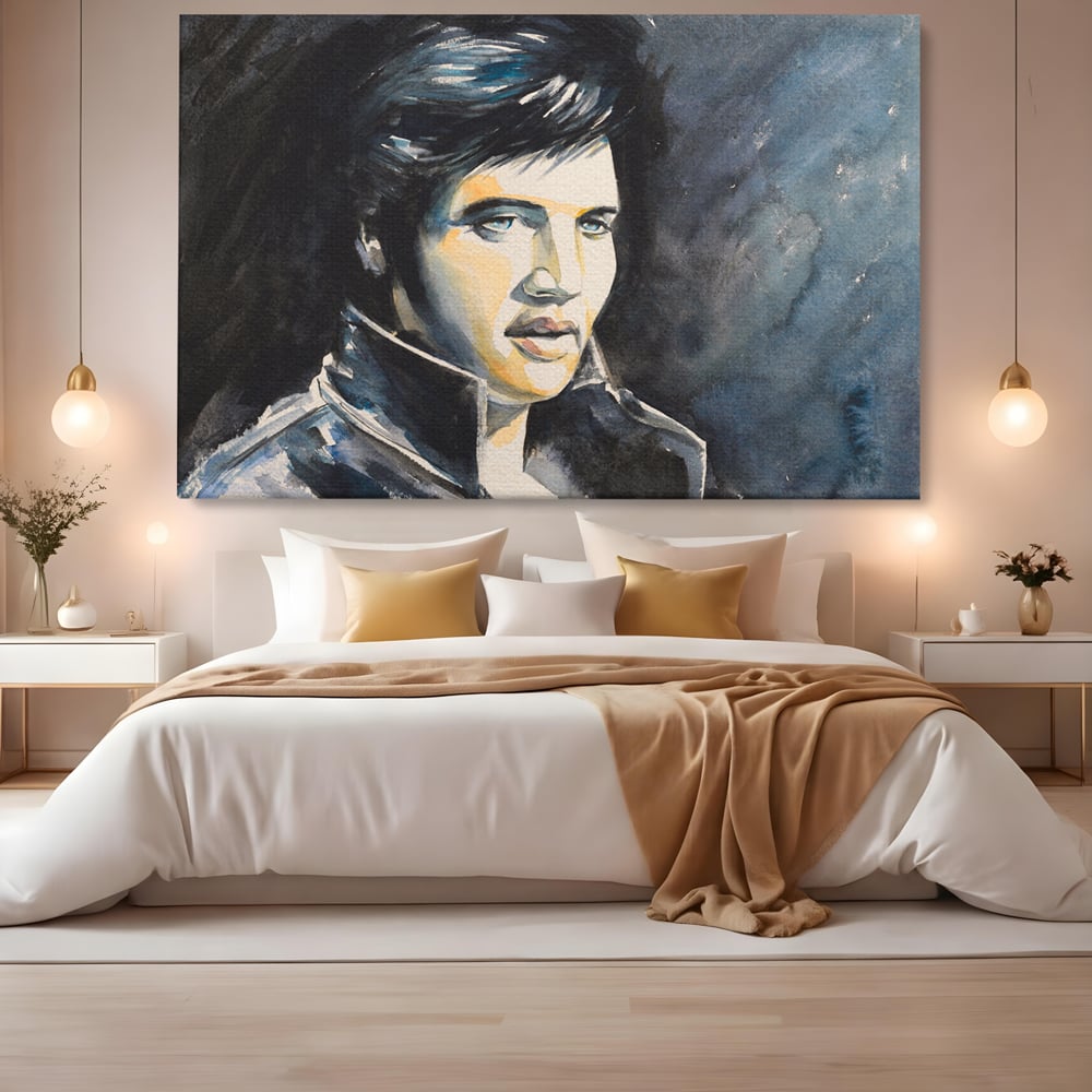 Tablou canvas cu pictura cu portretul lui elvis presley, fara rama, pe sasiu de lemn, pe perete intr-un dormitor