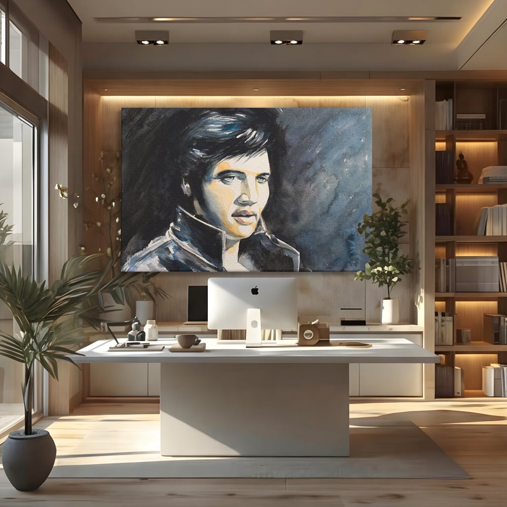Tablou canvas cu pictura cu portretul lui elvis presley, fara rama, pe sasiu de lemn, pe perete intr-un birou