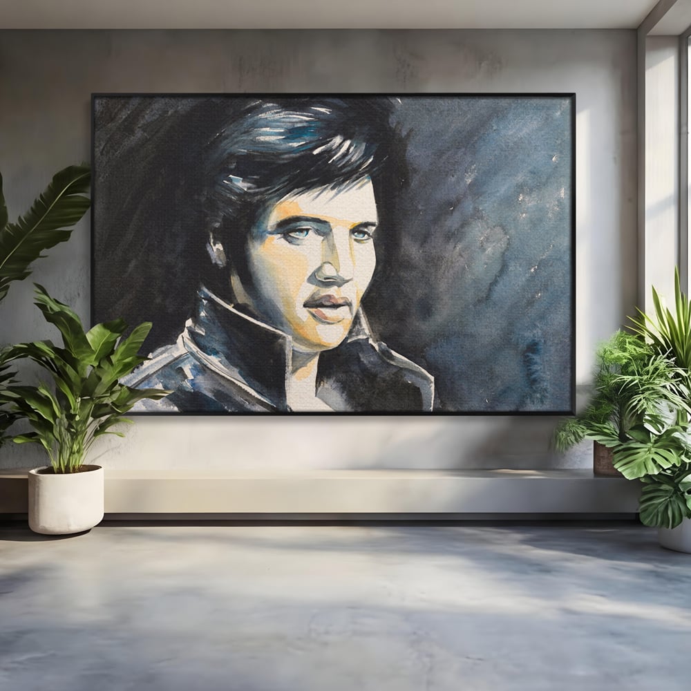 Tablou canvas cu pictura cu portretul lui elvis presley, in rama de aluminiu negru