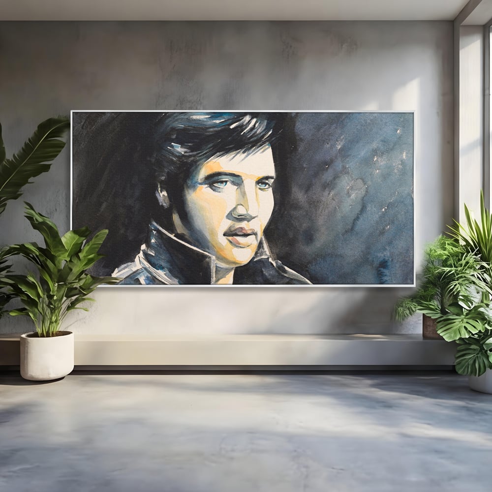 Tablou canvas cu pictura cu portretul lui elvis presley, in rama de aluminiu argintiu