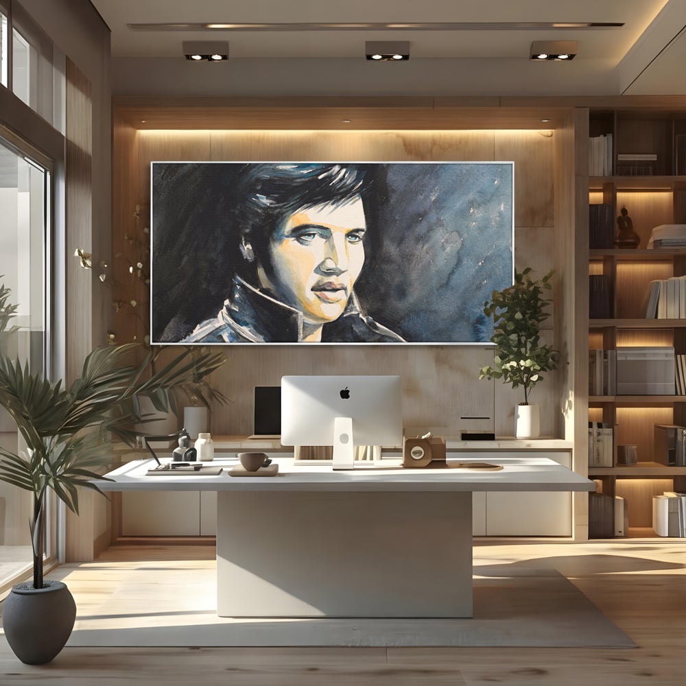 Tablou canvas cu pictura cu portretul lui elvis presley, in rama de aluminiu argintiu, pe perete intr-un birou