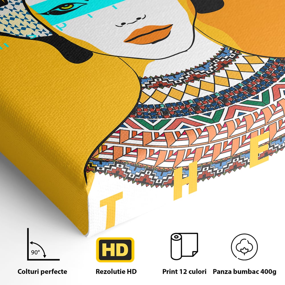 Detaliu al suprafetei: ilustratie digitala cu femeie africana, fara rama, pe sasiu de lemn