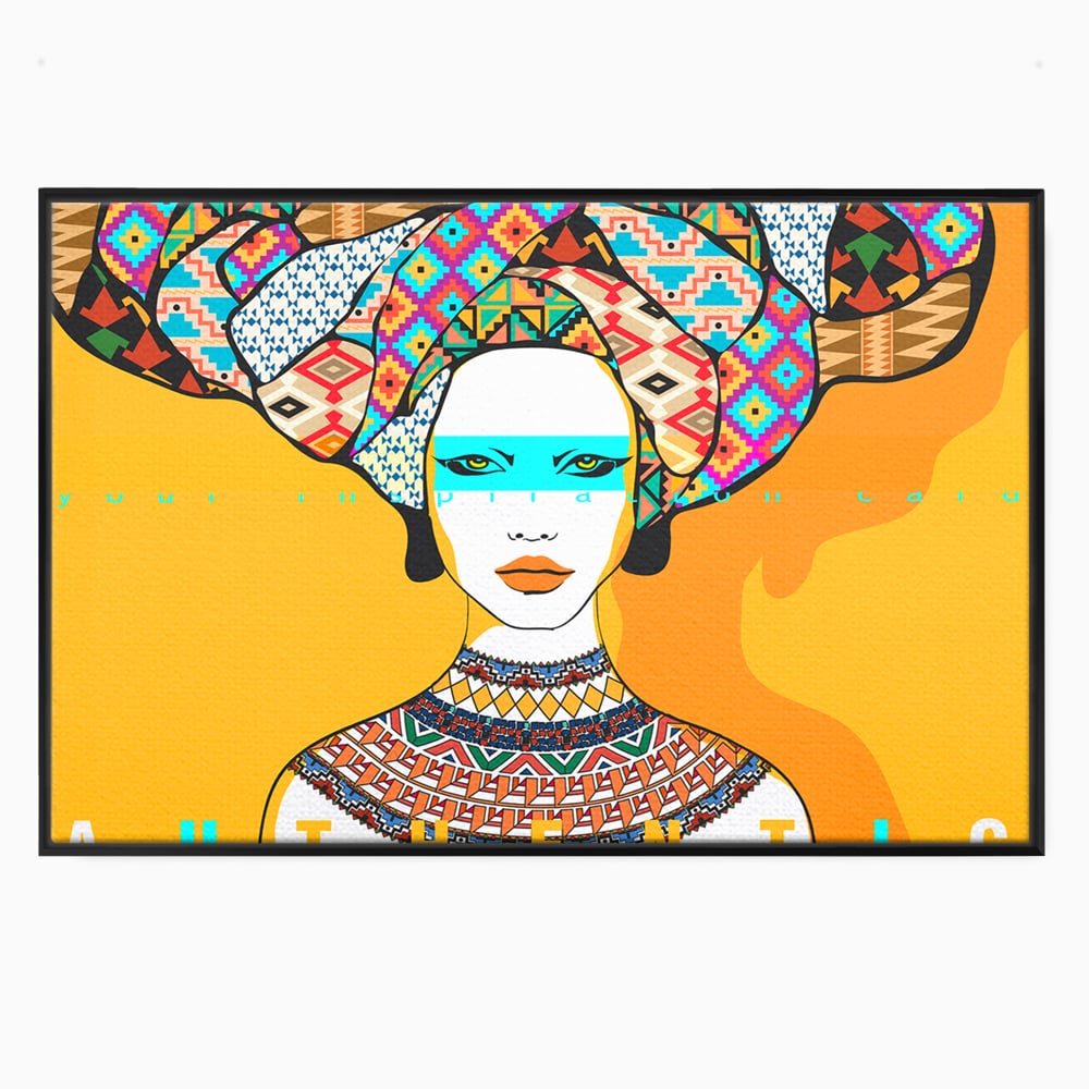 Tablou canvas cu ilustratie digitala cu femeie africana, in rama de aluminiu negru