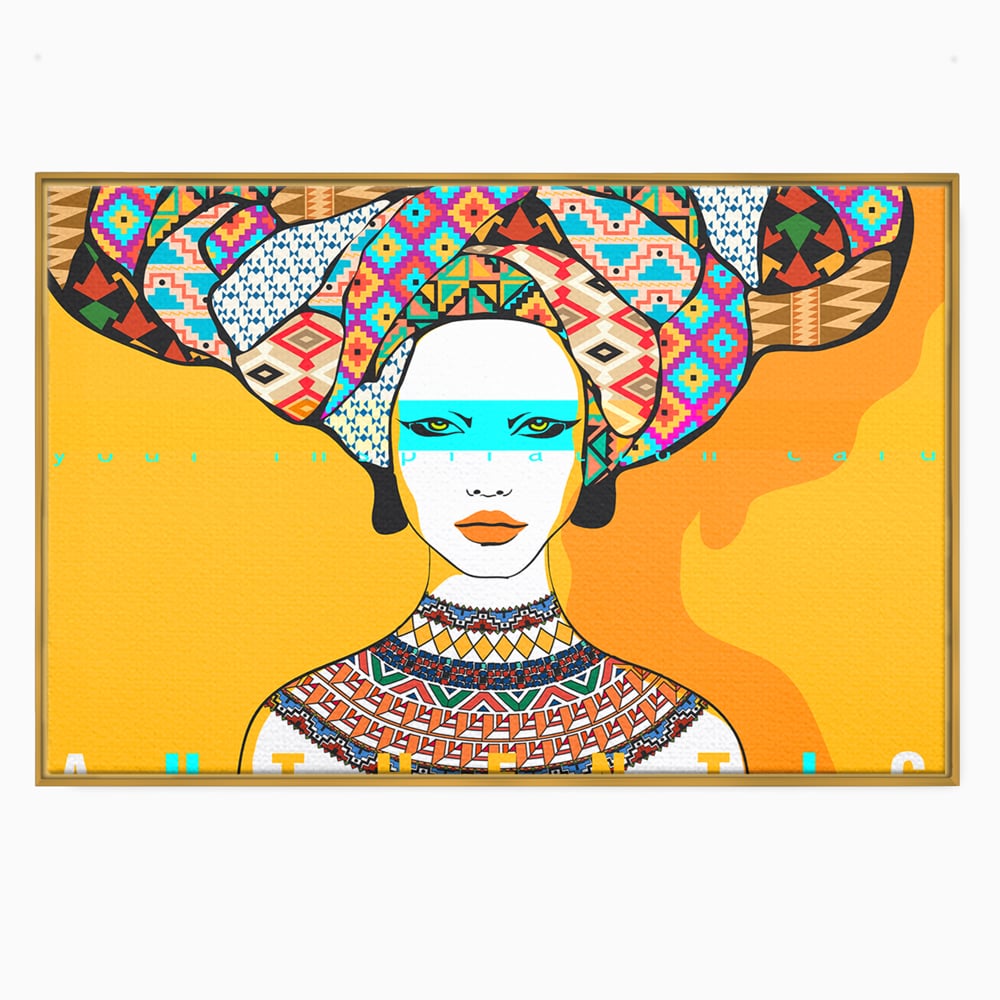 Tablou canvas cu ilustratie digitala cu femeie africana, in rama de aluminiu auriu