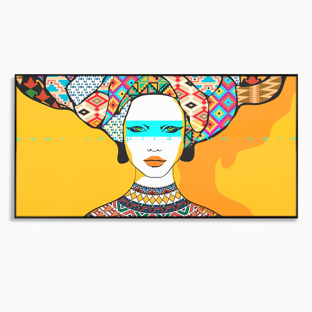 Tablou canvas cu ilustratie digitala cu femeie africana, in rama de aluminiu negru