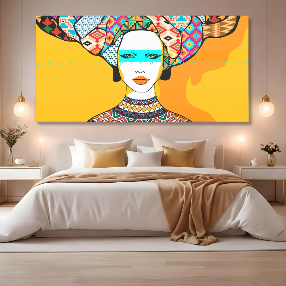 Tablou canvas cu ilustratie digitala cu femeie africana, fara rama, pe sasiu de lemn, pe perete intr-un dormitor