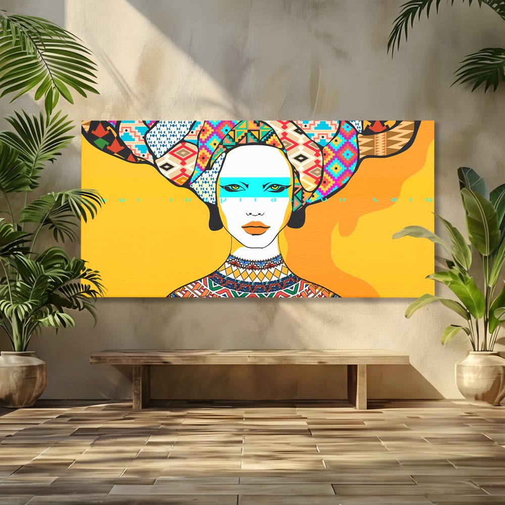 Tablou canvas cu ilustratie digitala cu femeie africana, fara rama, pe sasiu de lemn