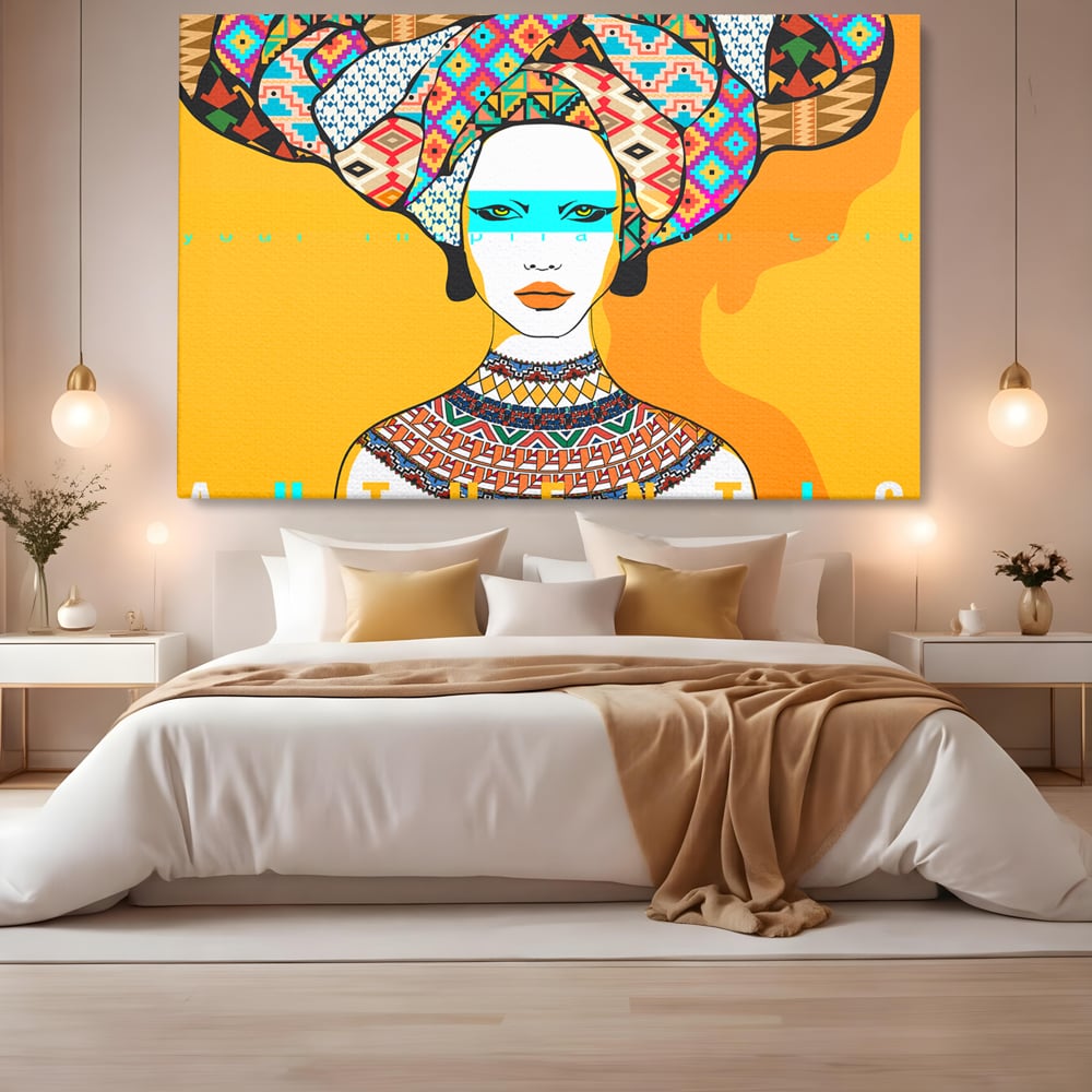 Tablou canvas cu ilustratie digitala cu femeie africana, fara rama, pe sasiu de lemn, pe perete intr-un dormitor