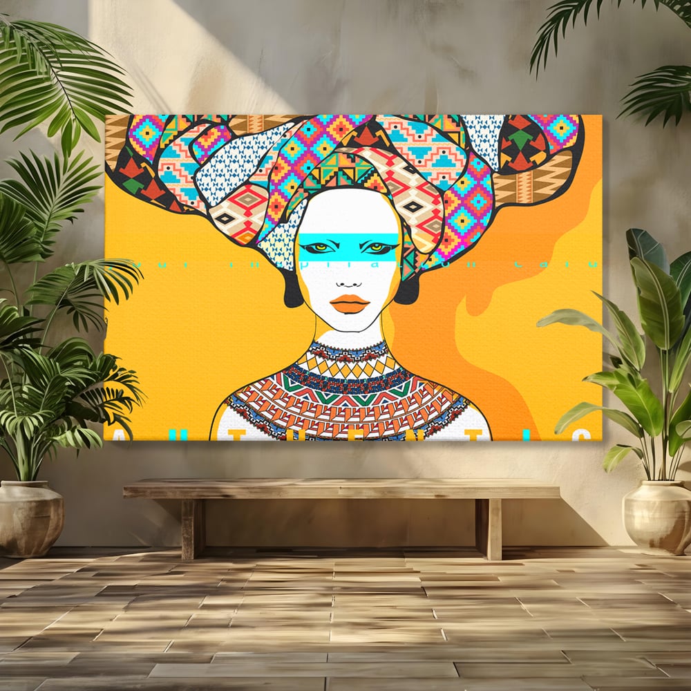 Tablou canvas cu ilustratie digitala cu femeie africana, fara rama, pe sasiu de lemn