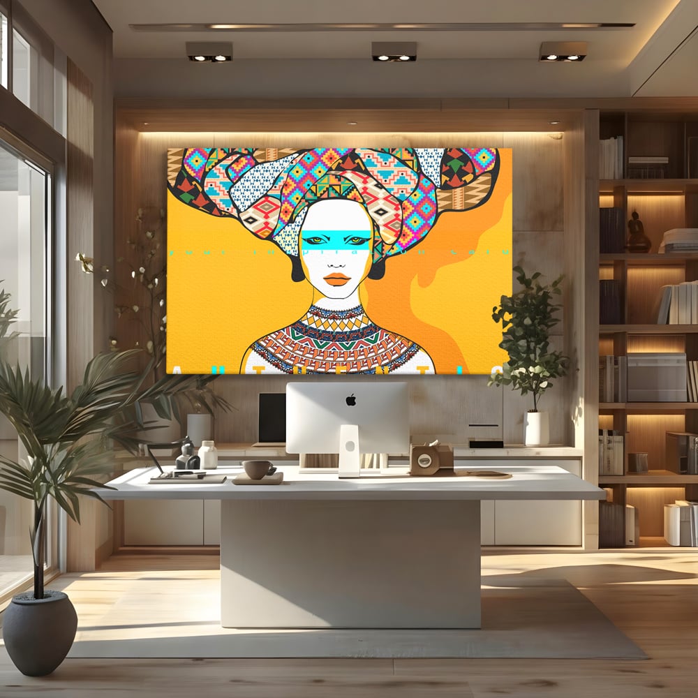 Tablou canvas cu ilustratie digitala cu femeie africana, fara rama, pe sasiu de lemn, pe perete intr-un birou