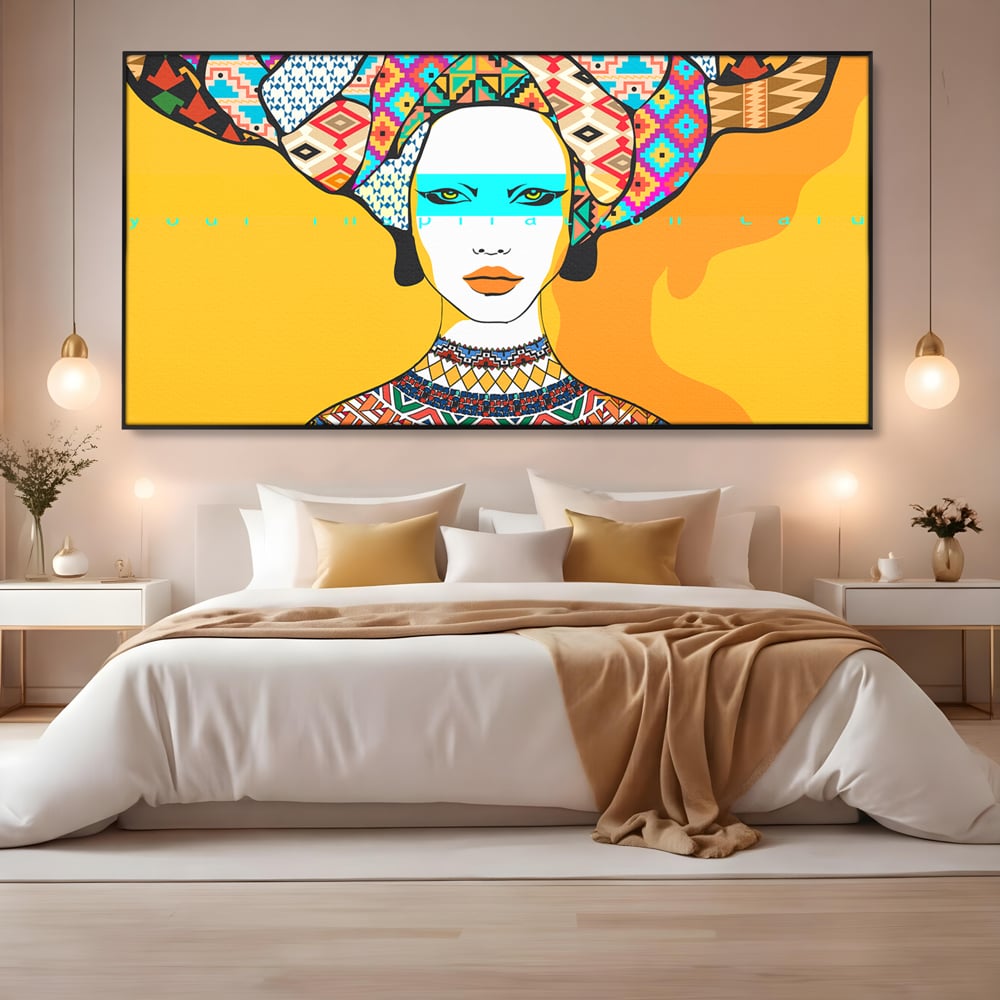 Tablou canvas cu ilustratie digitala cu femeie africana, in rama de aluminiu negru, pe perete intr-un dormitor