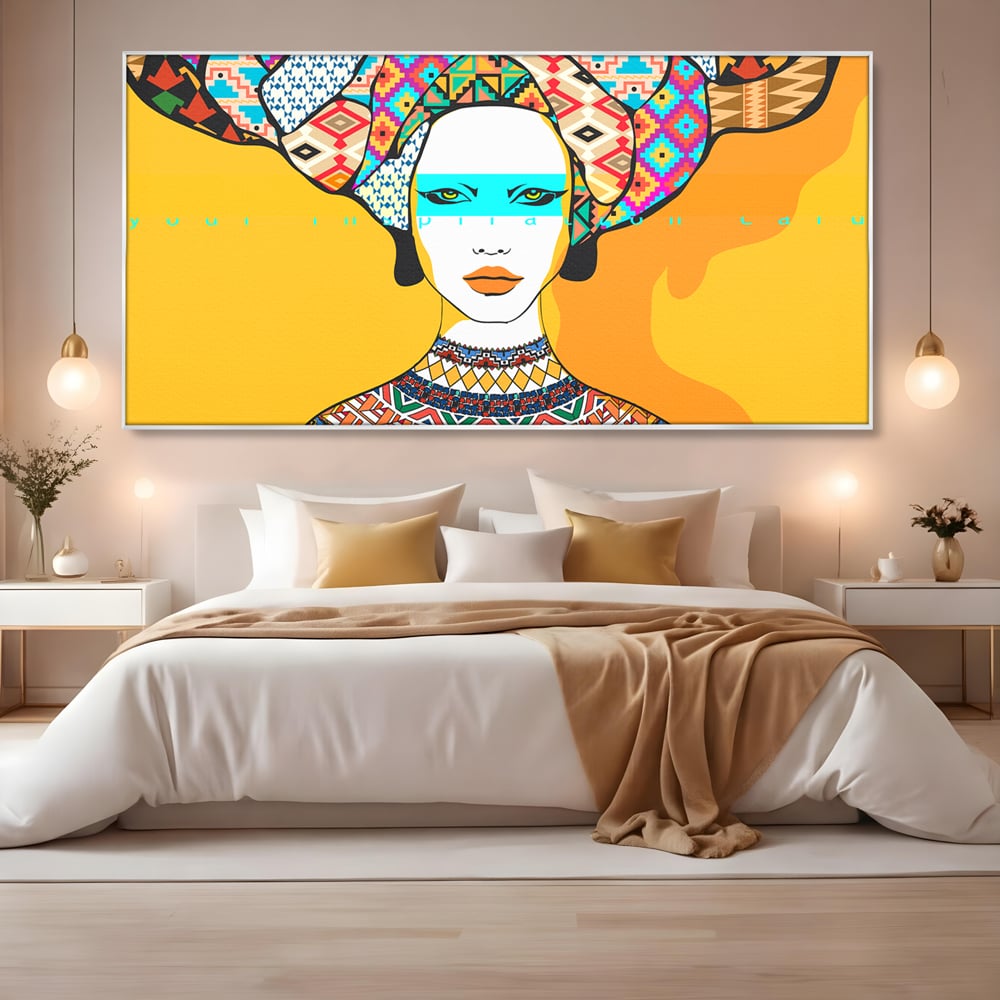 Tablou canvas cu ilustratie digitala cu femeie africana, in rama de aluminiu argintiu, pe perete intr-un dormitor