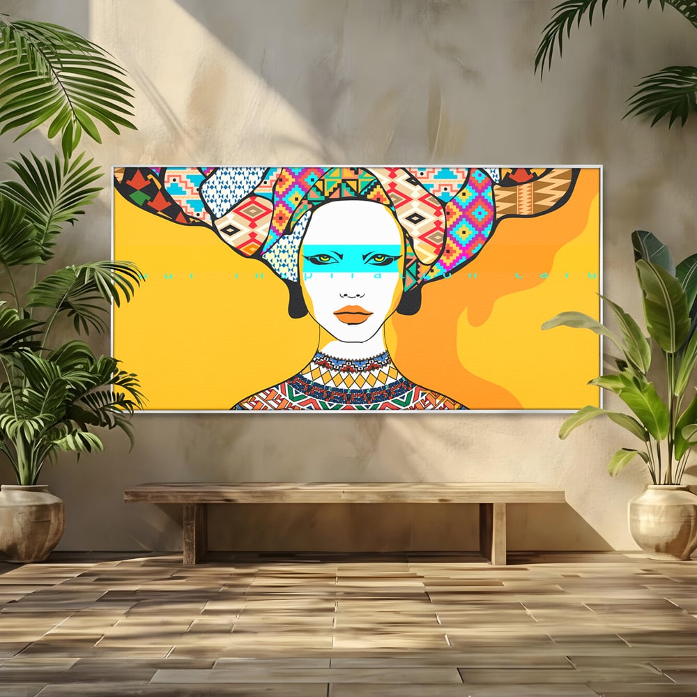 Tablou canvas cu ilustratie digitala cu femeie africana, in rama de aluminiu argintiu