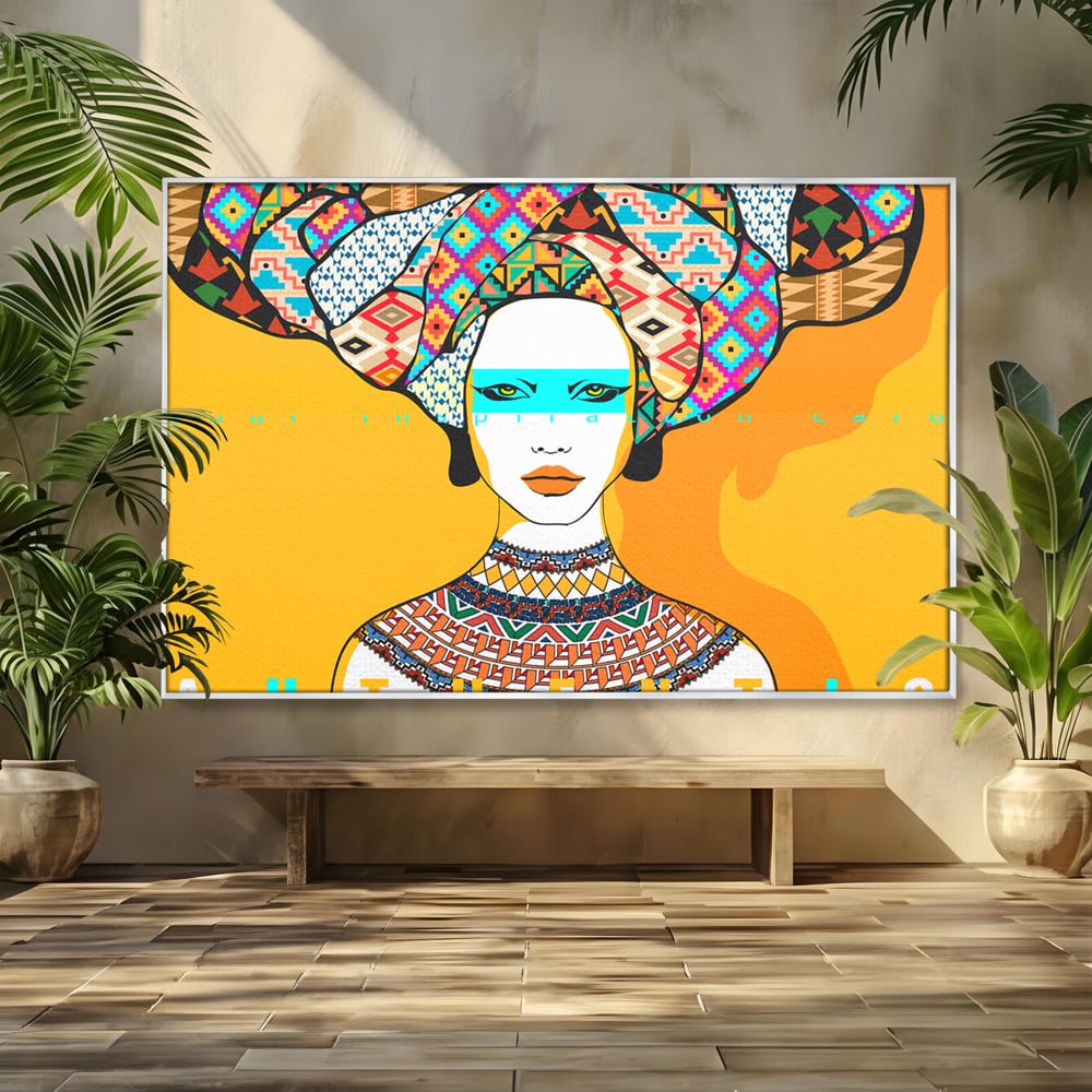 Tablou canvas cu ilustratie digitala cu femeie africana, in rama de aluminiu argintiu