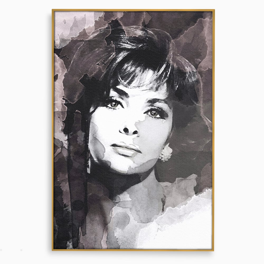 Tablou canvas cu tablou canvas cu portretul actritei sophia loren, in rama de aluminiu auriu