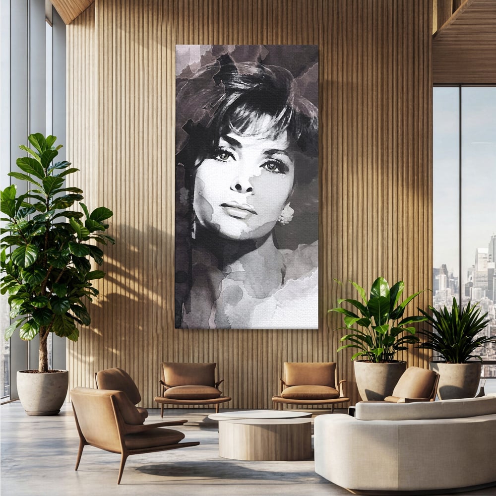 Tablou canvas cu tablou canvas cu portretul actritei sophia loren, fara rama, pe sasiu de lemn, pe perete intr-un birou