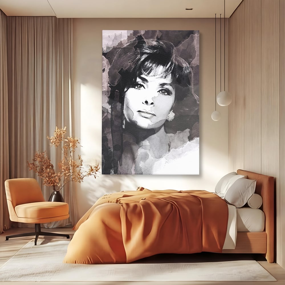 Tablou canvas cu tablou canvas cu portretul actritei sophia loren, fara rama, pe sasiu de lemn, pe perete intr-un dormitor