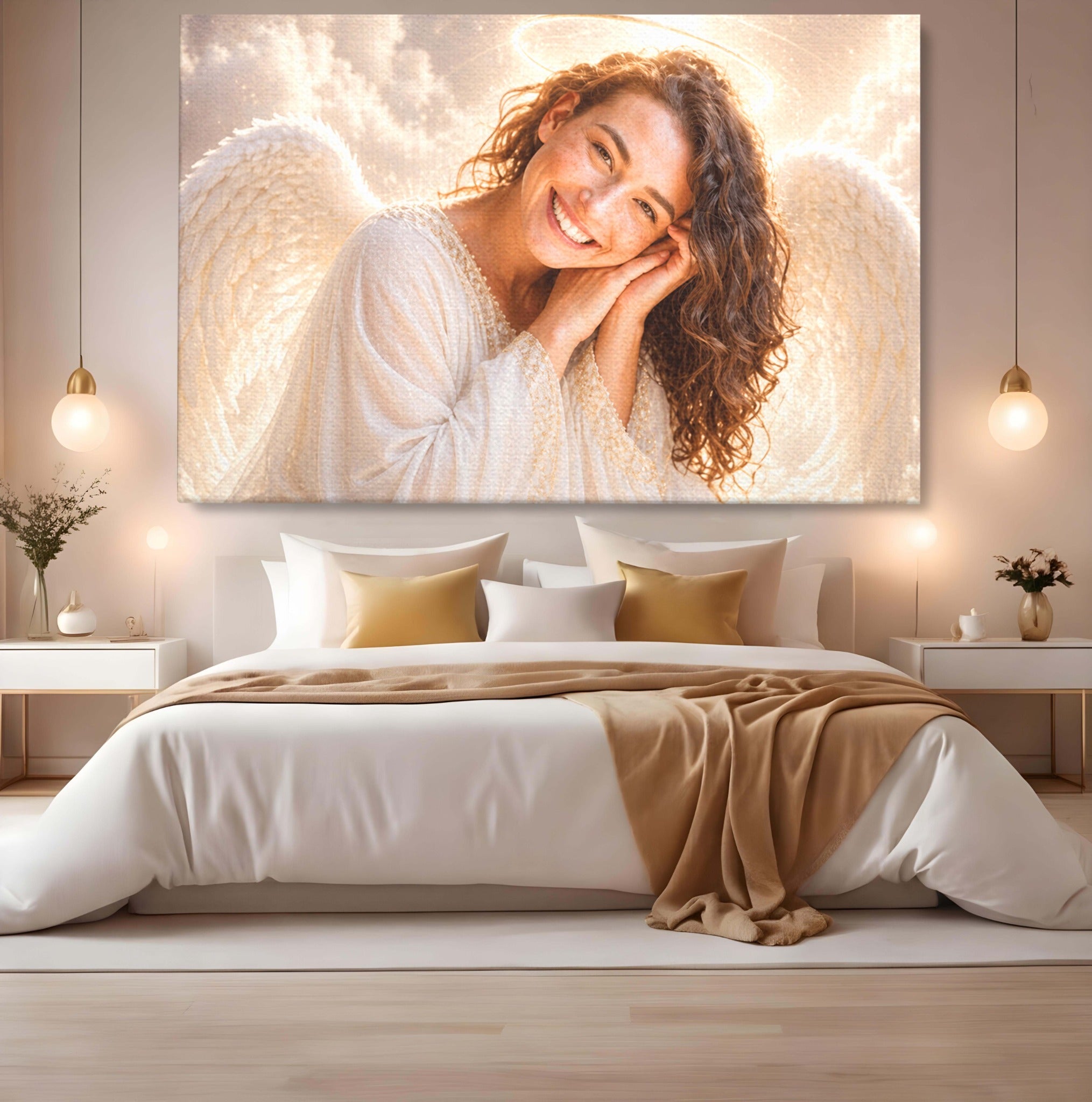 Tablou canvas decorativ cu tablou cu femeie inger zambitoare