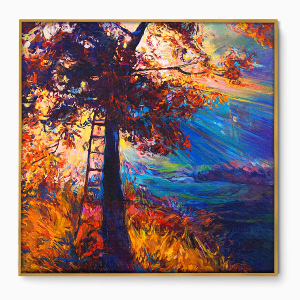Tablou canvas cu pictura cu copac si scara, in rama de aluminiu auriu
