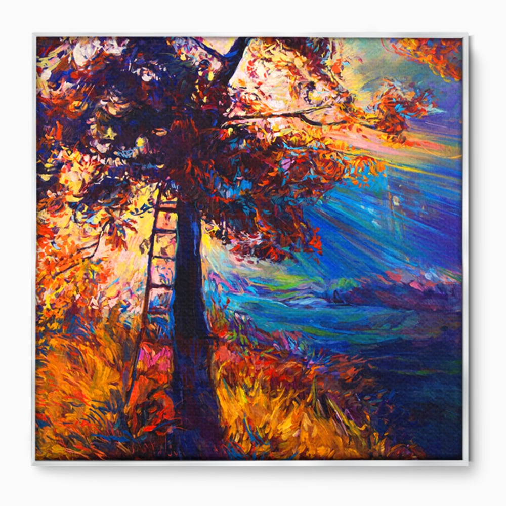 Tablou canvas cu pictura cu copac si scara, in rama de aluminiu argintiu