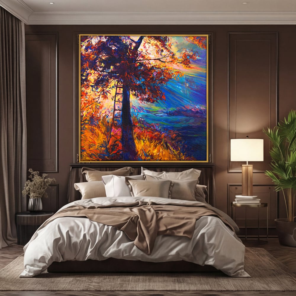 Tablou canvas cu pictura cu copac si scara, in rama de aluminiu auriu, pe perete intr-un dormitor