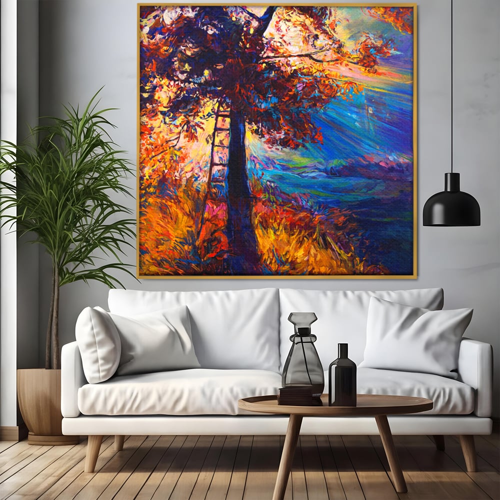 Tablou canvas cu pictura cu copac si scara, in rama de aluminiu auriu, pe perete intr-un living