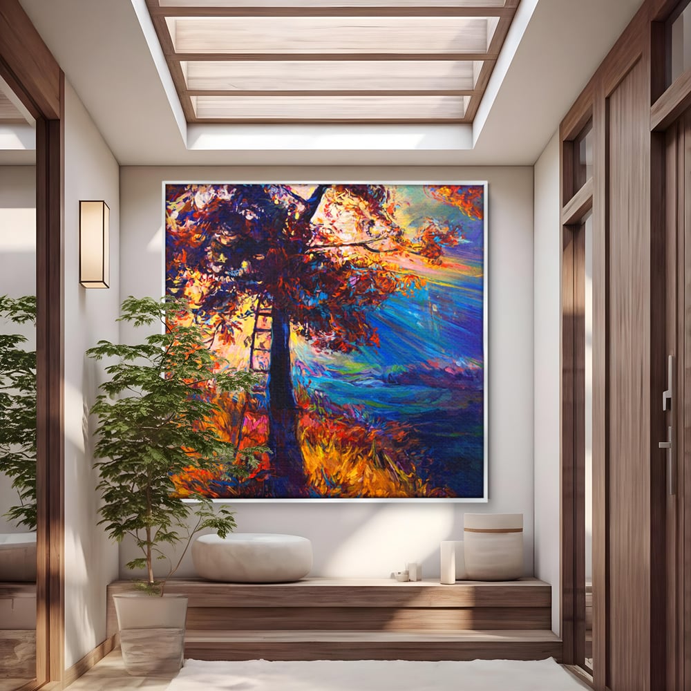 Tablou canvas cu pictura cu copac si scara, in rama de aluminiu argintiu